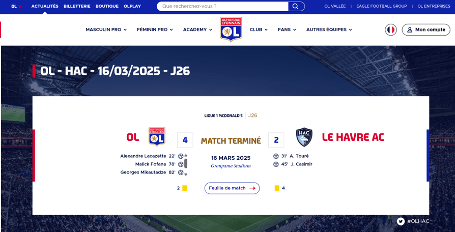 Home page OL apr-s match Le Havre